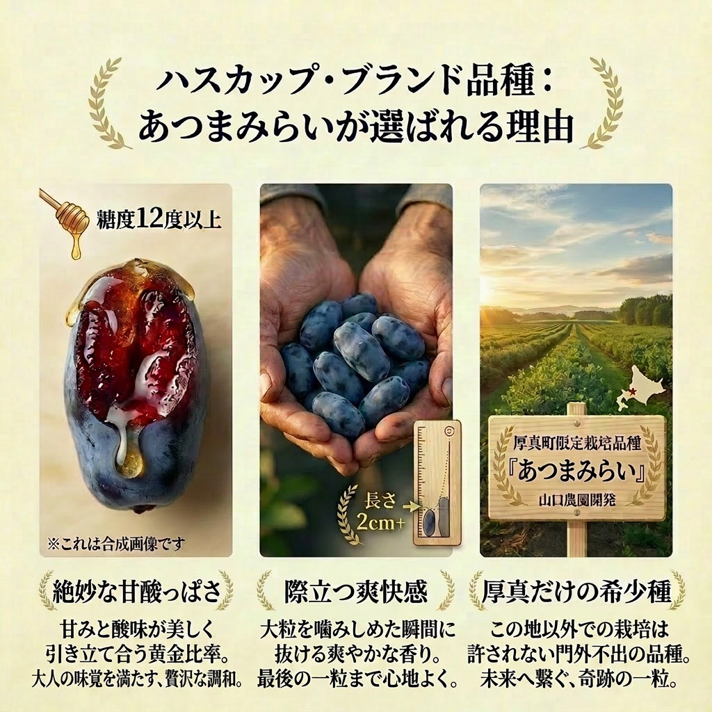 【復興支援対象】ブランド品種 あつまみらい 1kg（北海道厚真町・畑嶋ハスカップ農園産 / 冷凍）